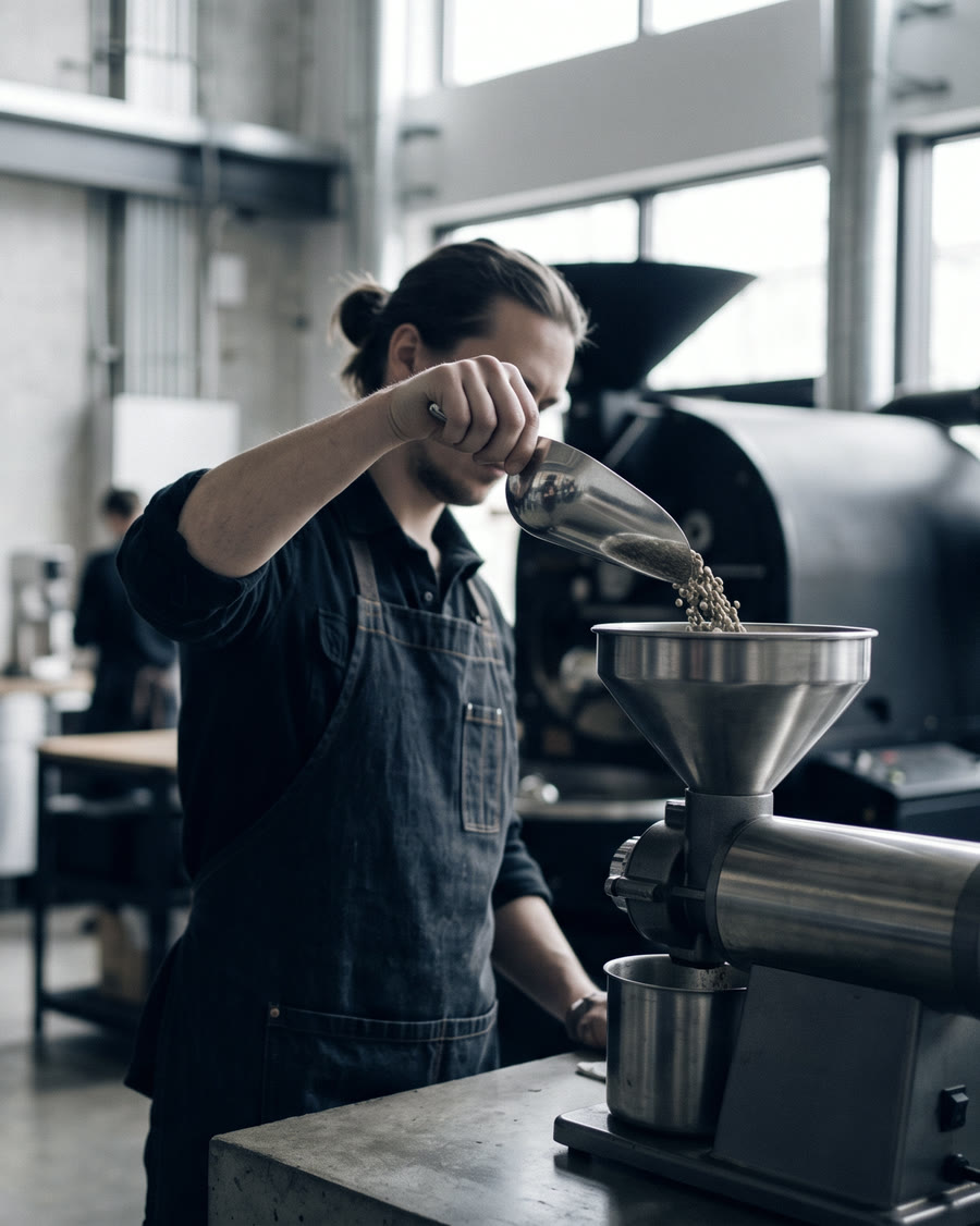 A coffee roaster pours beans into a grinder while being filmed on a phone gimbal