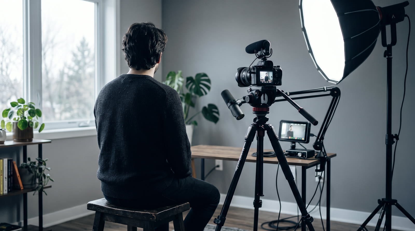 A creator sits in front of a camera, softbox and microphone, filming at home