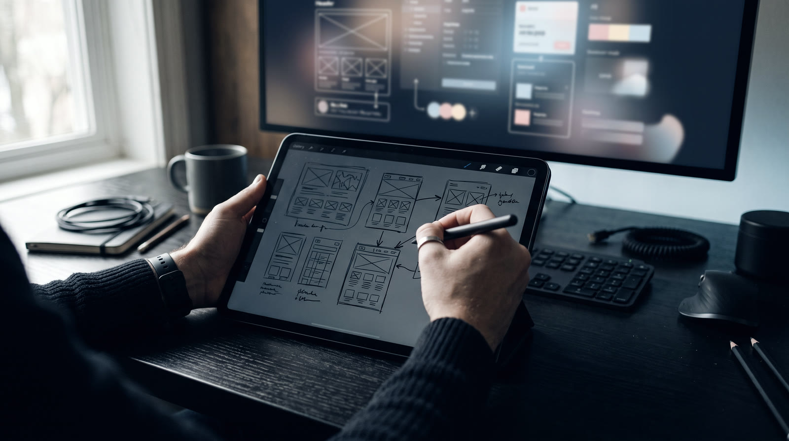 A designer sketches thumbnail layouts on a tablet