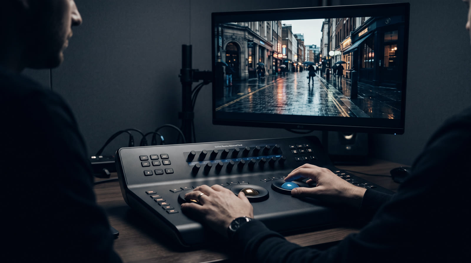 Hands on a color grading panel below a monitor showing a rainy street