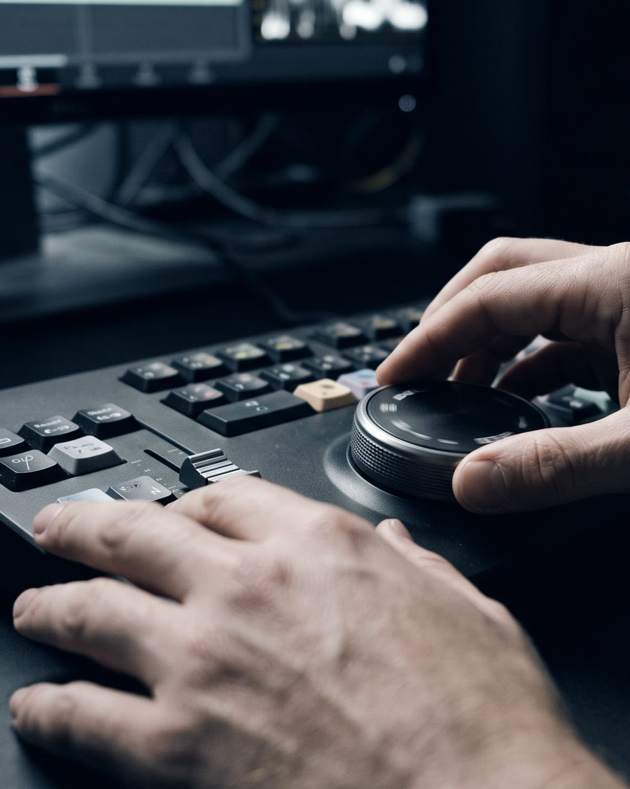 Hands on an editing keyboard, one turning the jog wheel