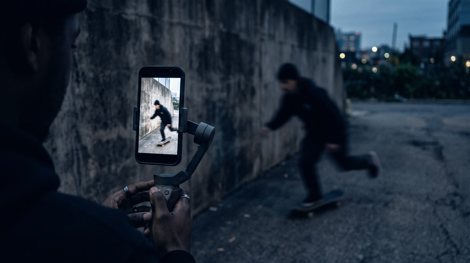 Someone films a skater at dusk on a phone gimbal, with frame guides for 16:9, 1:1, 4:5 and 9:16 drawn over it